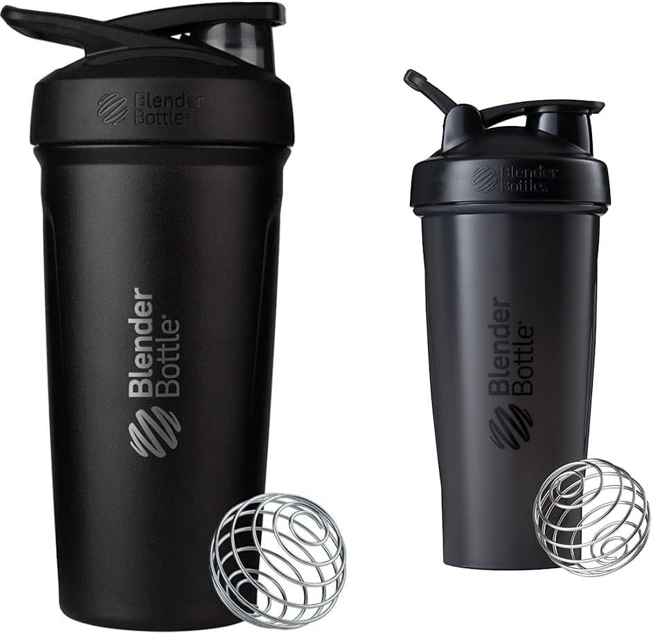 BlenderBottle Strada Shaker 컵은 철사 Whisk, 24Ounce, 검정 & 단백질 쉐이크 및 전 운동, 28-Ounce, 검정을 가진 스테인리스 물병을 완전히 격리했습니다