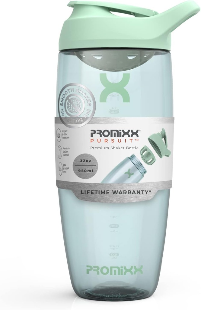 Promixx Pursuit Protein Shaker Bottle (32 oz) - Silent No-Ball 믹서, 누출 방지 뚜껑, BPA / BPS 및 Phthalate-Free ECOZEN - 단백질 쉐이크, Pre & Post-Workout 스무디를위한 쉬운 청소 셰이커 컵
