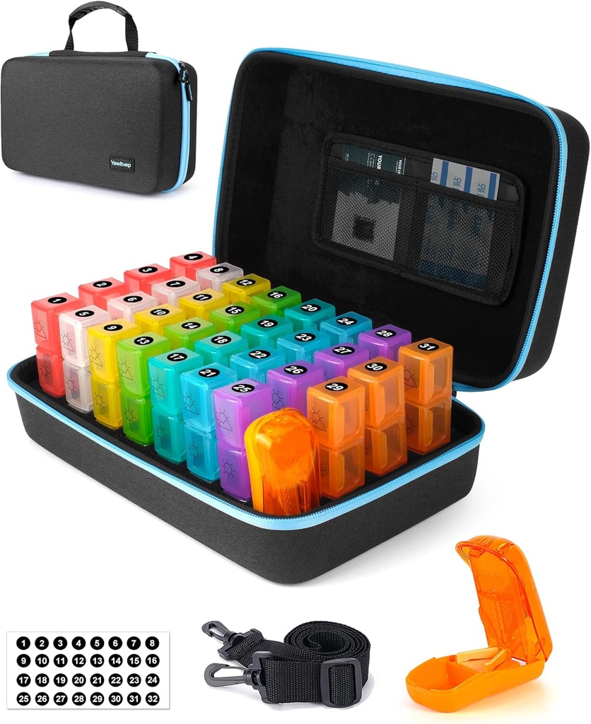 월간 Pill 주최자 3 배틀 커터, 30 일 Pill 주최자 월, 월 의학 상자 홀더 주최자와 함께 31 매일 Compartments, 하드 쉘 여행 케이스 & 제거 어깨 스트랩