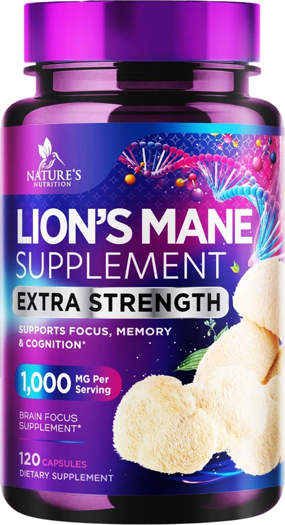 Lions Mane Mushroom 캡슐 10,000mg - 메모리 및 초점 지원, 두뇌, 면역 건강 지원, Vegan, 미국, 사자 Mane 버섯 분말 추출물, 120 조사를 위한 사자 Mane 보충교재 캡슐