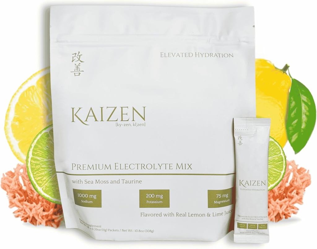 Kaizen Hydration - 프리미엄 전체 바디 하이드로 션 음료 - 에너지, 초점, 웰빙 - 아일랜드어 Sea Moss, 타우린, Monkfruit 추출물과 유기 전해질 혼합 - 레몬 라임 풍미를 새로 고침 - 8.88 oz