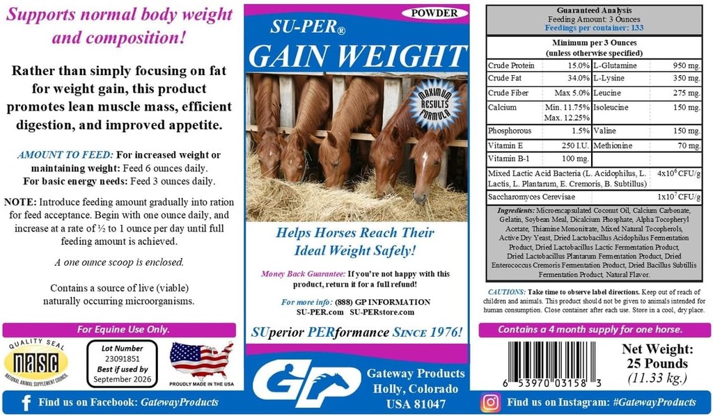 말을위한 슈퍼 이득 무게 - 말에 대한 Equine 보충 중량 게인 - Lean 근육 질량, 소화 및 식욕 촉진 - 25 파운드, 4 개월 공급