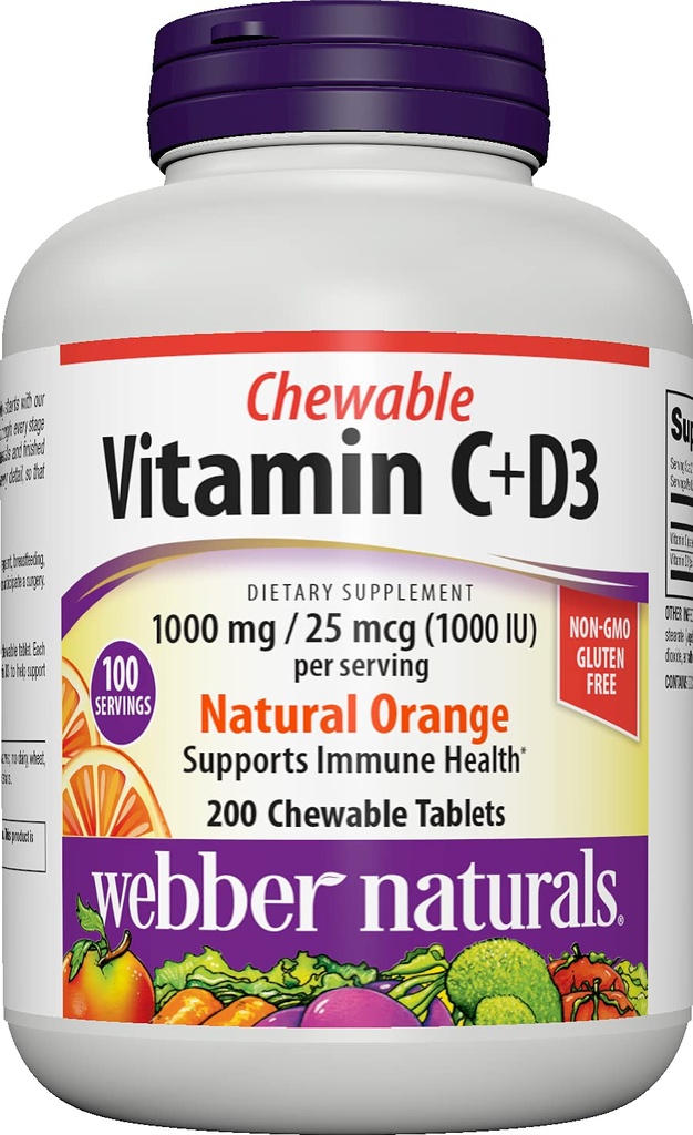 Webber Naturals Vitamin C + D3, 200 Chewable Orange Tablets, 1000 mg의 비타민 C 1000 IU의 비타민 D3, 뼈, 치아, 면역력, 비 GMO, 낙농장 및 글루텐 무료