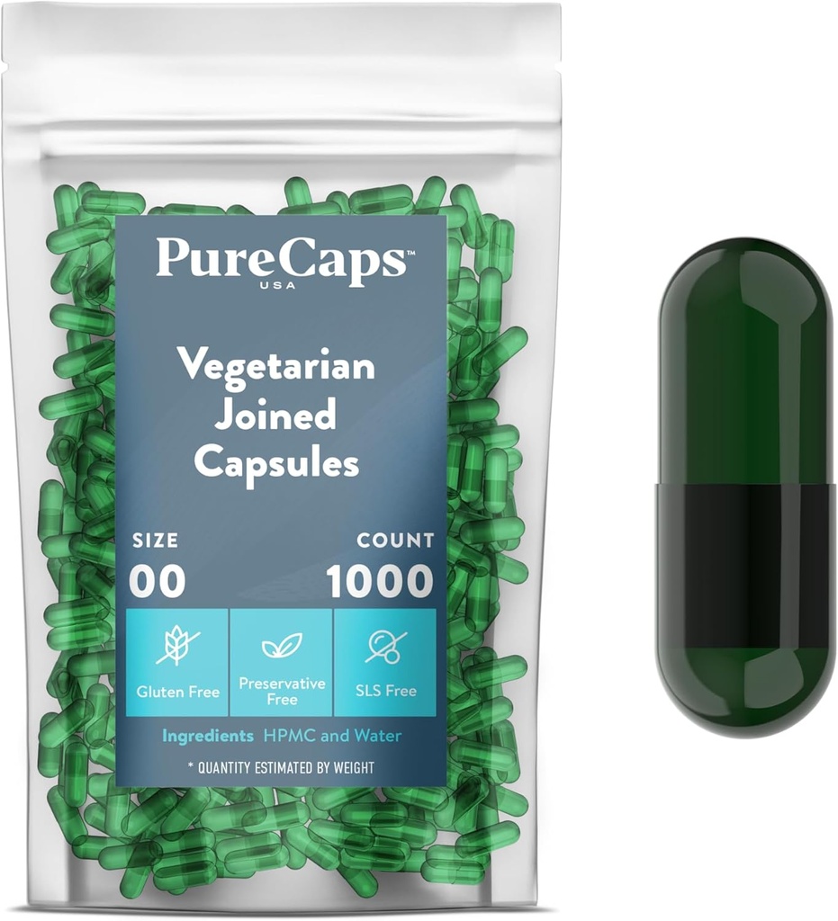 Purecaps USA - 빈 젤라틴 알약 캡슐 크기 00| 1,000 Joined Pills| Chlorophyll Colored| Non-GMO 인증 | SLS, 글루텐, 보존 무료