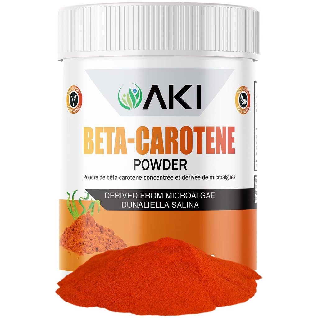 AKI 베타 카로틴 10 % 분말 (1.5oz / 42.52g) 비타민 A의 높은 농도 향료 Fount, 신체 기능, 피부, 면역 체계 및 눈 - GMO Free & Vegan Friendly