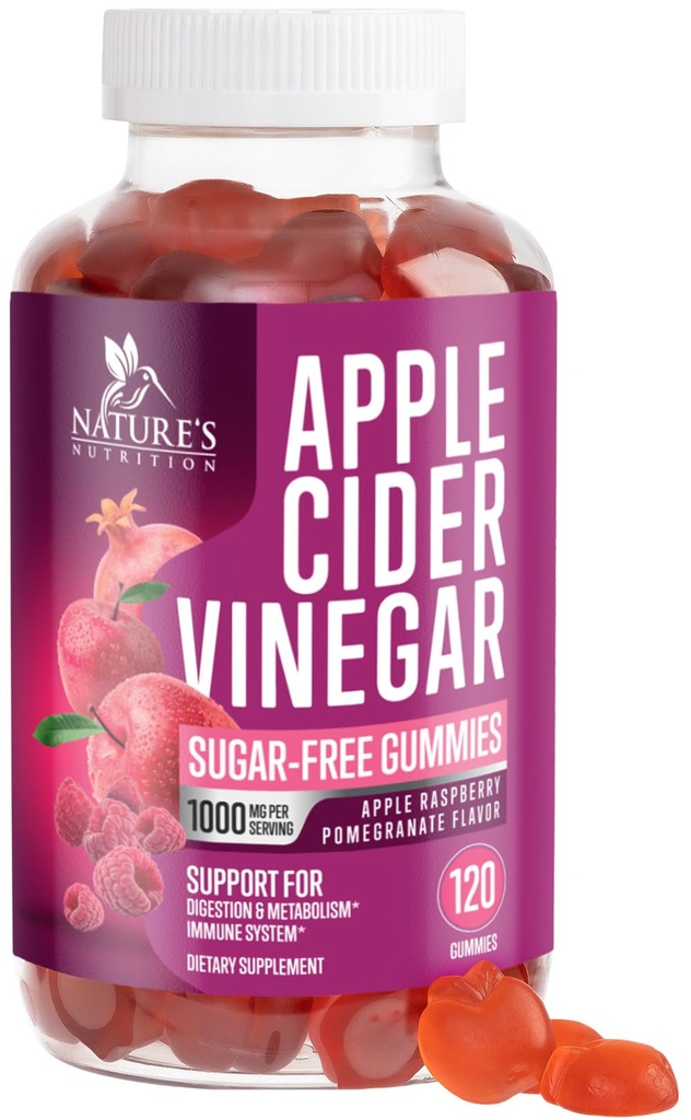 Apple Cider Vinegar Gummies 1000mg - Cleanse, Digestion Energy & Immune Health Support, 지원 Metabolism, Vegan, Keto, Apple Raspberry 풍미를위한 설탕 무료 ACV 거미 - 120 Gummies