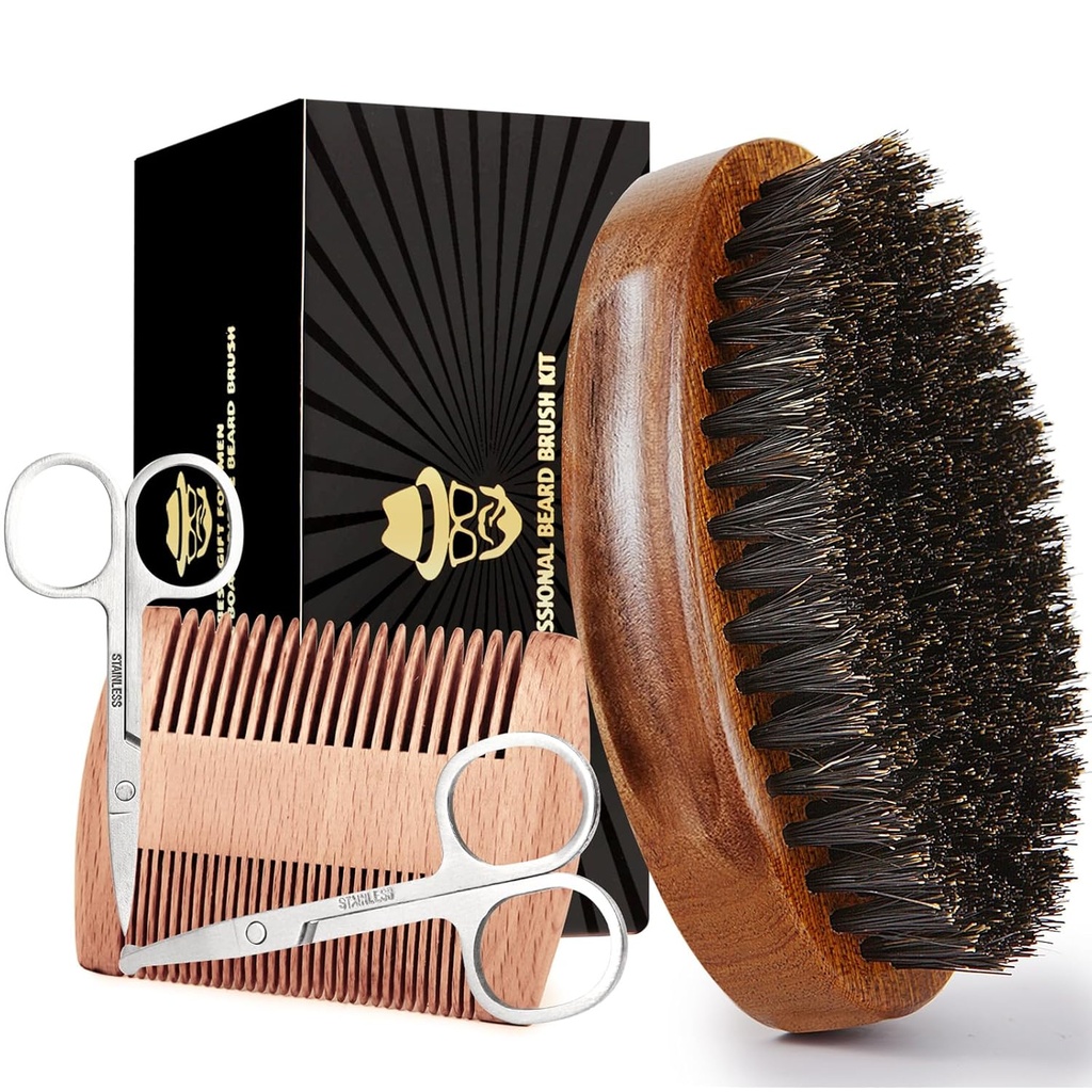 남성, 100 % 순수 Boar Bristle Beard Brush, Beard Grooming Set, Beard Comb, 2 PC Mustache Scissors 및 여행 가방 포함