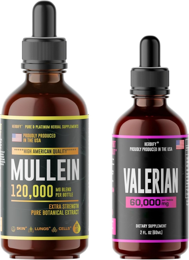 HERBIFY 번들 - Mullein 잎 추출물 & Valerian Root Tincture - 호흡 지원 및 신경 시스템 지원