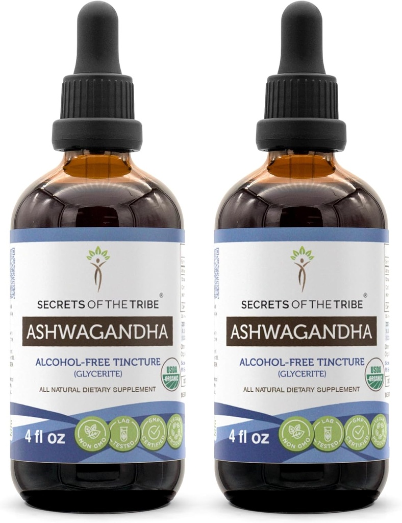 Ashwagandha Tincture 알코올 무료 추출물, USDA 유기 Ashwagandha Withania Somnifera 안티 스트레스와 Relaxation 2x4 OZ