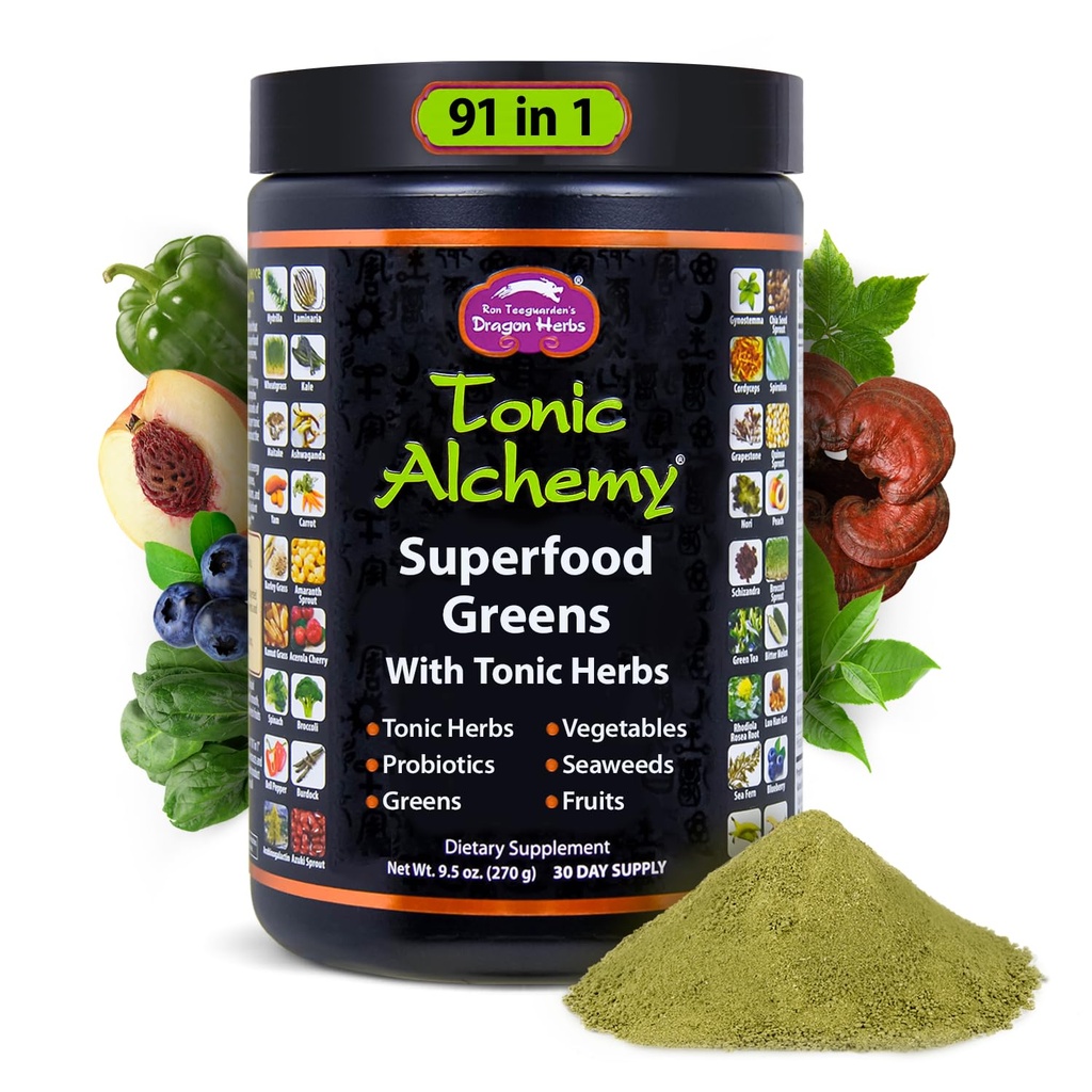 드래곤 허브 토닉 Alchemy 슈퍼 푸드 그린 분말 91 재료: Tonic 허브, Ashwagandha, 버섯, Probiotics, 슈퍼 그린, Seaweeds, 과일, 야채, Spirulina - 30 서빙