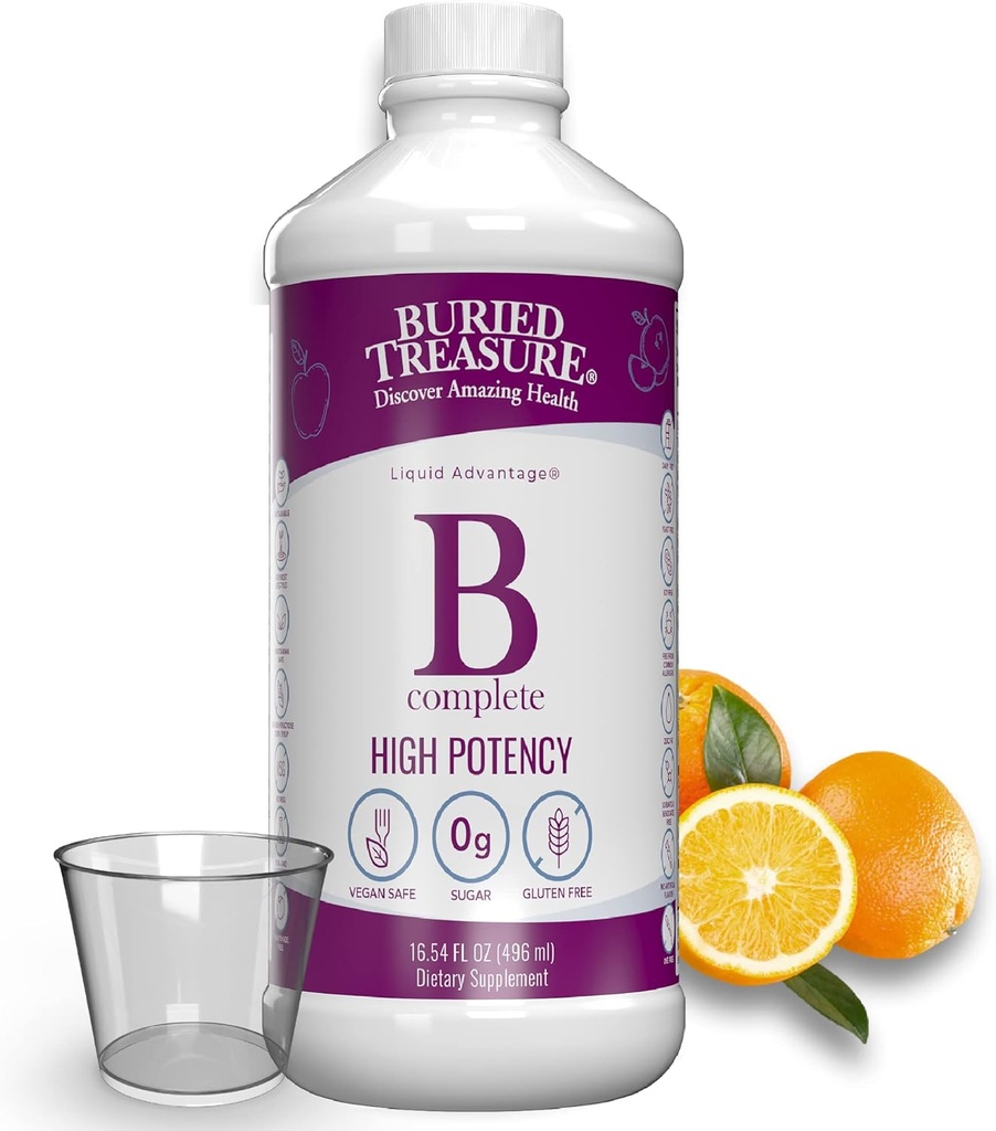 Buried Treasure B Complete - MethylCobalamin B12 & MethylFolate B9, Biotin, B1, B2, B3, B5, B6, 액체 & 설탕 자유로운, 여자 & 남자, 측정을 위한 복용량 컵을 가진 액체 비타민 B 복합체