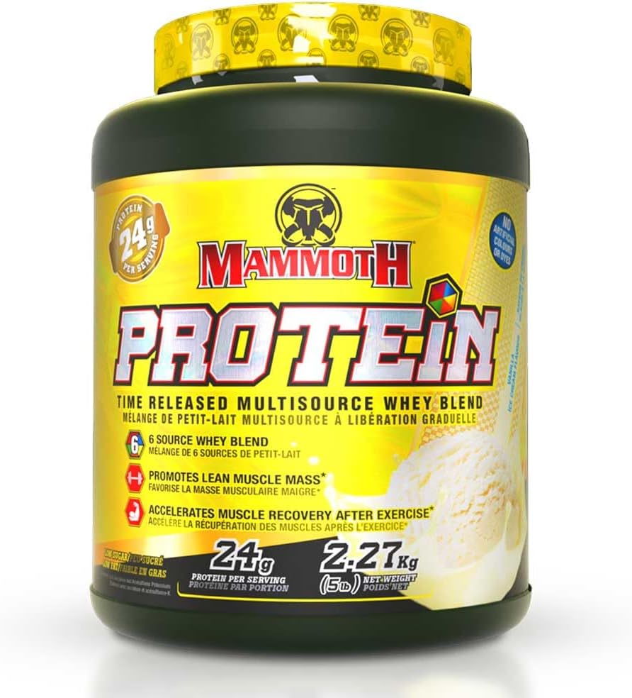 MAMMOTH PROTEIN POWDER, HIGH PROTEIN SHAKE, SUPERIOR TIME-RELEASE FORMULA, WHEY PROTEIN CONCENTRATE & ISOLATE, HYDROLYZED WHEY & MILK PROTEIN ISOLATE, CASEIN, 6 BIOAVAILABLE DAIRY PROTEIN SOURCES, 낮은 SUGAR, 바닐라, 5 파운드