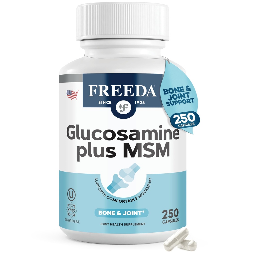 FREEDA Glucosamine MSM - 채식 관절 유연성 및 이동성 보충 - 채식 글루코사민없이 - 합동 기능 지원 - 세 번째 파트 테스트 - (250 캡슐)