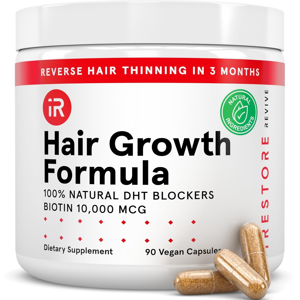 iRestore Hair Growth Supplement - 여성과 남성을위한 탈모 비타민 - Biotin Multivitamins & DHT 차단제는 모발 엷게 하기를 줄이기 위해 - 헤어 레고스 알약 - 30 일 공급 90 조사 (팩 1)