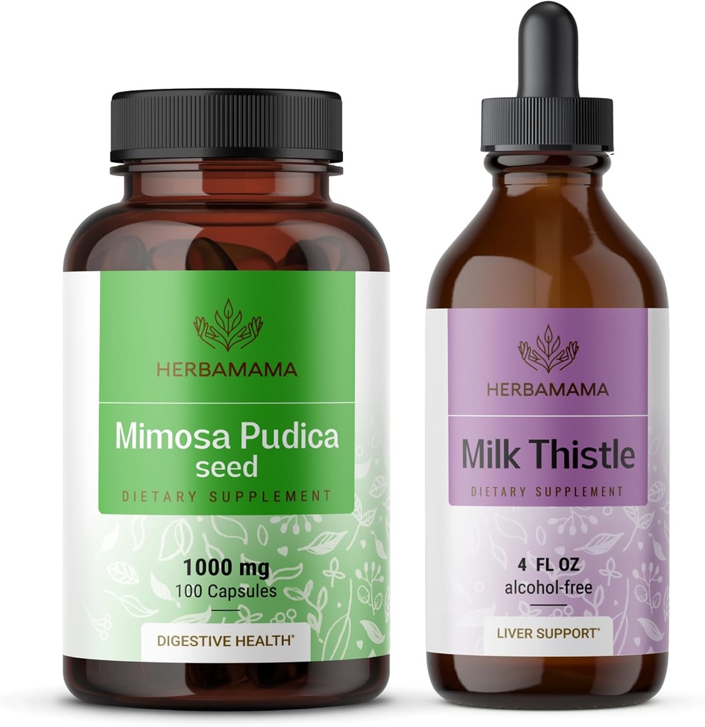 HERBAMAMA Mimosa Pudica와 우유 이틀 키트 - 1000 mg Mimosa Pudica 캡슐 및 우유 이틀 Tincture 4 fl oz의 번들 - 채식, 비 GMO, 설탕 및 알코올 - 2 팩