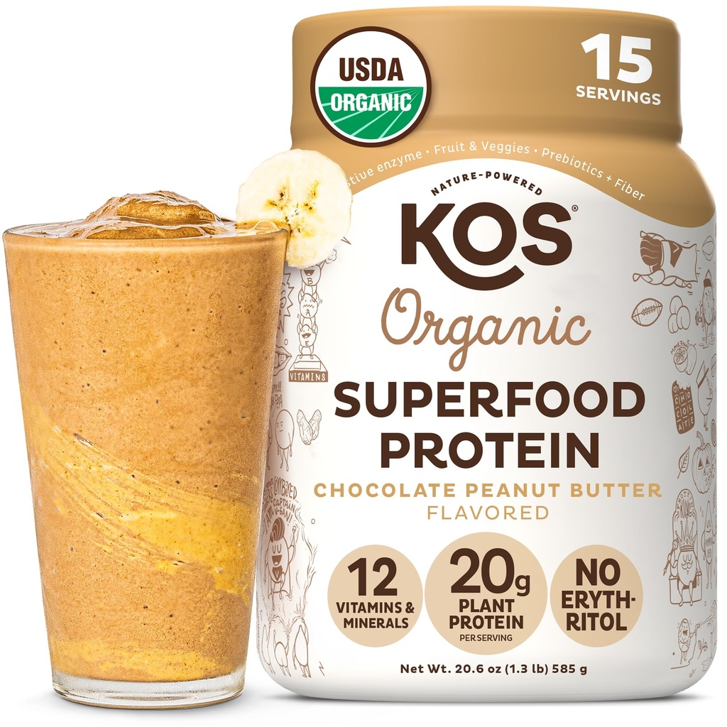 KOS 유기농 식물 기반 단백질 분말, 초콜릿 땅콩 버터 - 맛있는 채식 단백질 분말 - Keto Friendly, Gluten Free, Dairy Free & Soy Free - 15 서빙