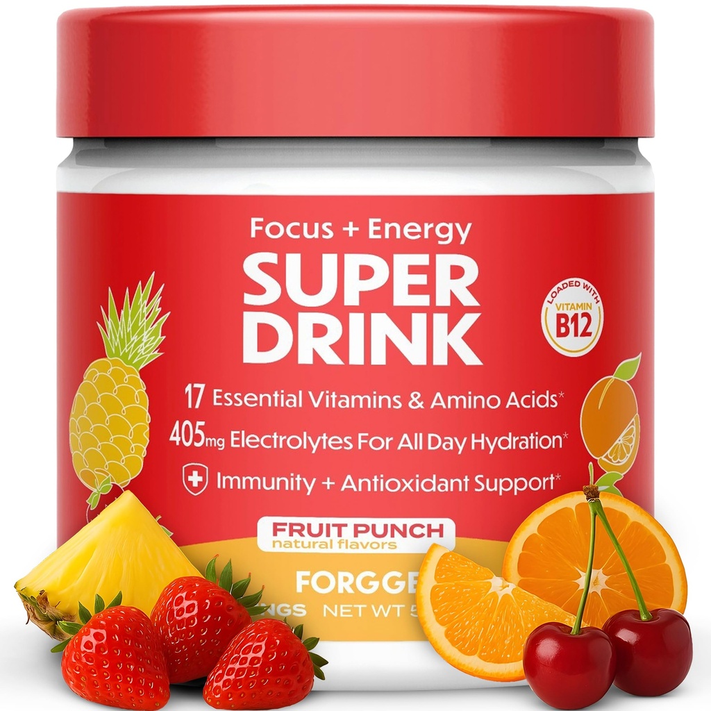 Forgge 건강한 에너지 음료 분말 혼합 - 청결한 카페인 + B12, B6, C & D 비타민 - Electrolytes, 아미노산, 산화 방지제, 사자 Mane - 채식주의자, Keto-Friendly - 30 SVG의 과일 펀치를 가진 설탕 자유로운 에너지 음료 분말