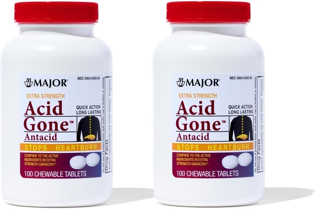 주요 산 Gone 여분 힘 Antacid Chewable 정제 - 반대로 산 기복 - 성인을 위한 산 Reflux 약 - Stomach, 산 Indigestion 및 Heartburn 기복 - 오래 견딘 - 100-Count (2 팩)