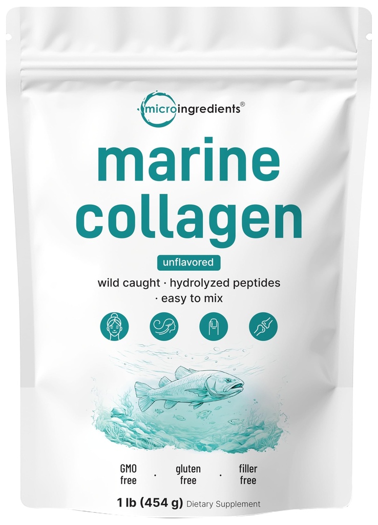 Micro Ingredients Marine Collagen Peptides Powder, 1lb | 유형 I Marine Collagen + Natural Protein | Wild-Caught Fish Source | 보이지 않는 | 모발, 피부 및 관절 건강 지원 | Pescatarian, Non-GMO