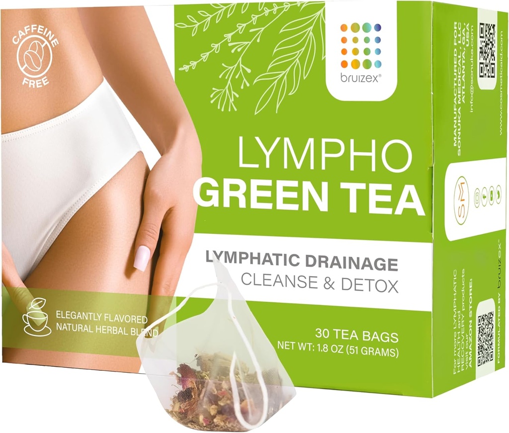 Bruizex Lymphatic Green Tea, Lymphatic Drainage Cleanse & Detox, 림프 체계 건강을 위한 자연적인 초본 혼합, 포스트 수술 회복 Liposuction, BBL, Tummy Tuck, Lipedema & Lymphedema, 30 팩