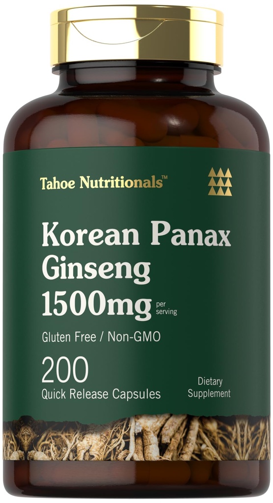 Tahoe Nutritionals 한국 Panax 인삼 추출물 1500 mg | 200 캡슐 | 남성 및 여성을위한 보충 | 비 GMO 및 글루텐 무료