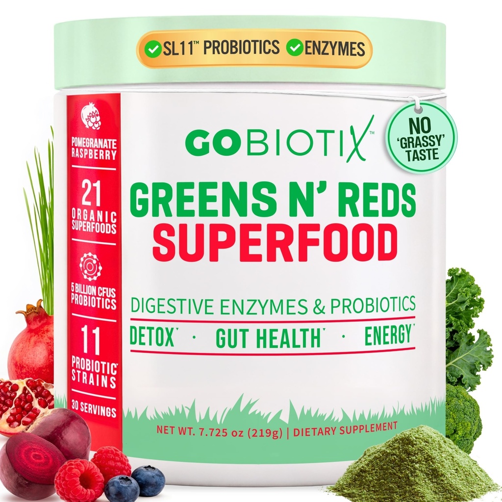 GOBIOTIX Super Greens and Reds Powder - Red and Green Superfood - Probiotic Supplement - 소화 효소 및 베트 루트 분말 - 유기 전체 식품 다이어트 보충 (Pom Raspberry, 1 Pack)
