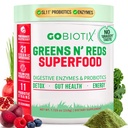 GOBIOTIX Super Greens and Reds Powder - Red and Green Superfood - Probiotic Supplement - 소화 효소 및 베트 루트 분말 - 유기 전체 식품 다이어트 보충 (Pom Raspberry, 1 Pack)
