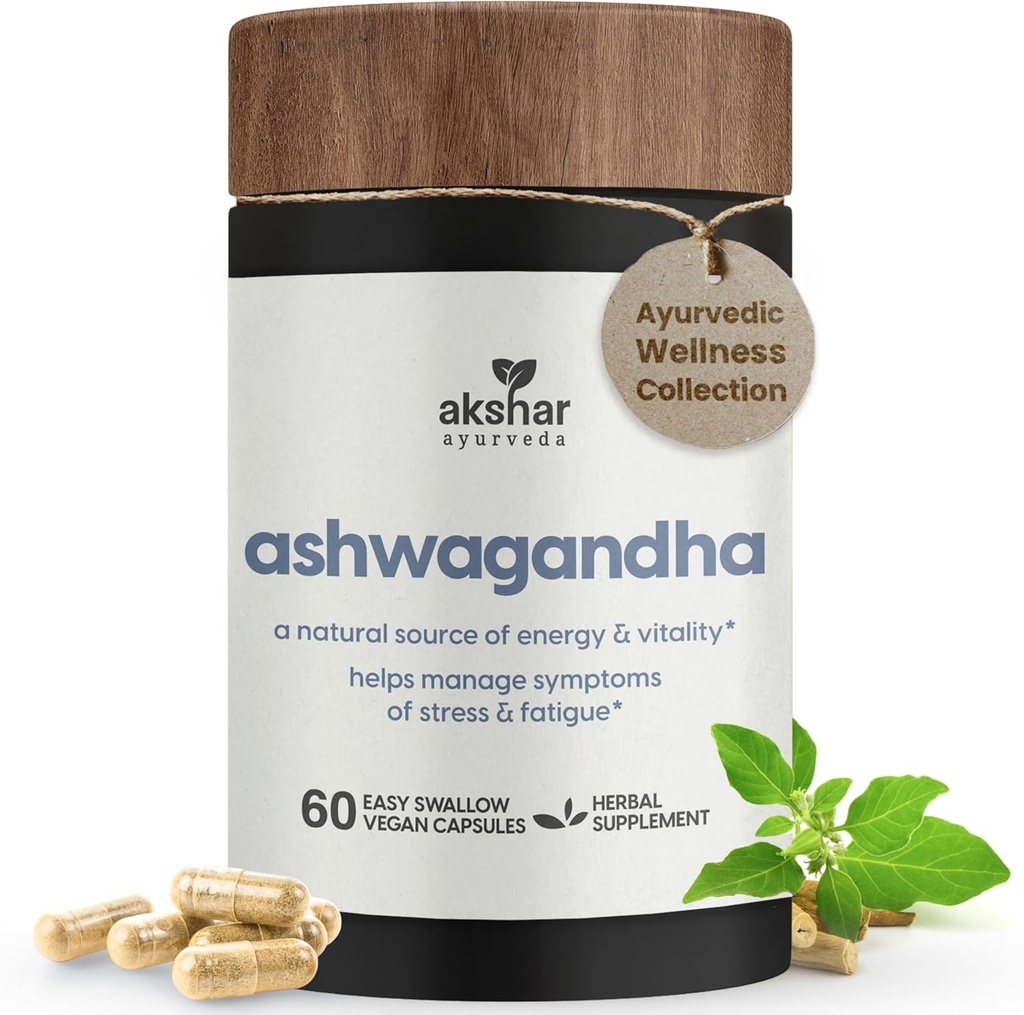 Akshar Ayurveda - Ashwagandha 캡슐과 Ashwagandha 뿌리 추출물과 분말 - 스트레스, 무드, 에너지 및 활력을위한 Adaptogenic 초본 지원 - Vegan Cruelty-Free Ashwagandha 보충제 (60 개)
