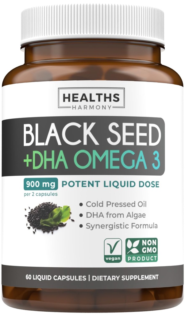 Cold-Pressed Black Seed Oil Capsules - Vegan Non-GMO Nigella Sativa Black Seed Oil Supplement with Omega 3 DHA for Full Body Wellness & Brain Support - Vegan Omega 3 및 Thymoquinone-Rich (1 개월)