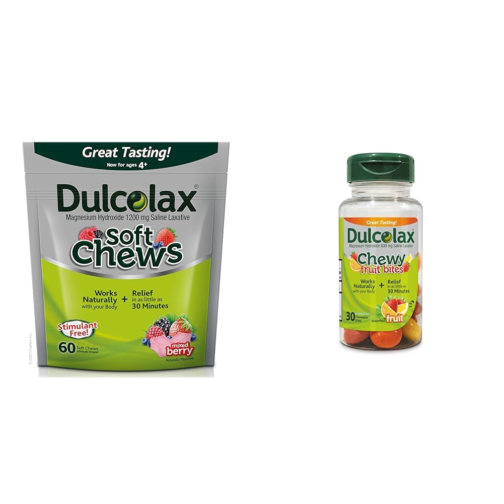 Dulcolax 연약한 Chews Saline Laxative 혼합 베리 (60ct) Gentle 변비 구호, 마그네슘 Hydroxide 1200mg & Chewy 과일 비트, Saline Laxative, 구색 과일 (30ct) Cramp 자유로운 변비 구호