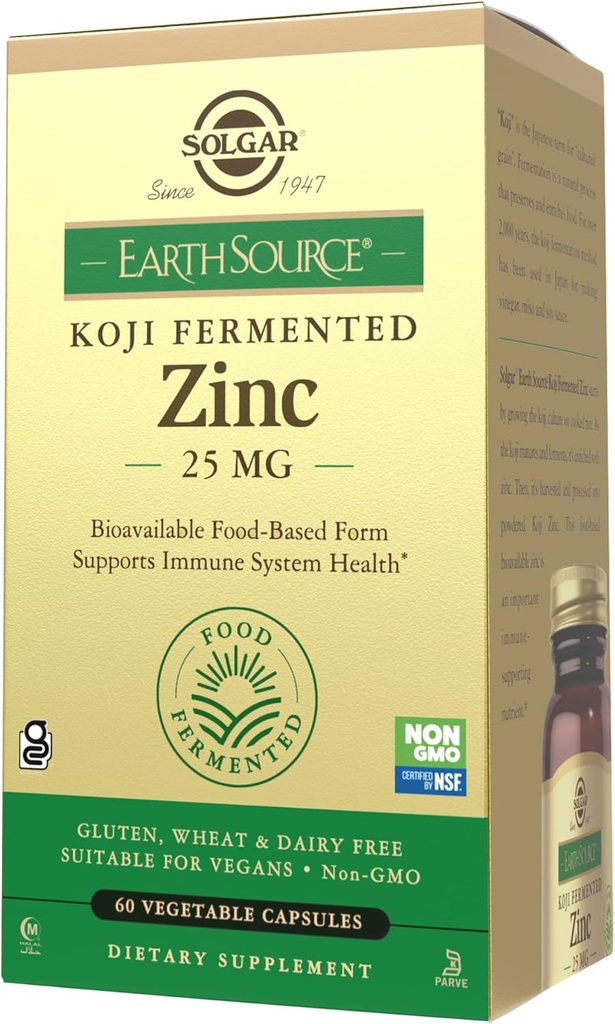 Solgar 지구 소스 음식 발효 Koji 아연 25mg, 60 야채 캡슐 - 고농도 흡수, Immune & 피부 건강을위한 Bioavailable 아연 - Non-GMO, Vegan, 글루텐 없음, 낙농도 - 60 서빙