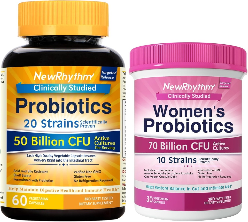 NewRhythm Gut & Feminine 건강 번들, Probiotics 50 억 CFU & Women's Probiotics 70 억 CFU, 매일 Gut 건강 & Feminine 케어, 90 캡슐 총 (팩 2)