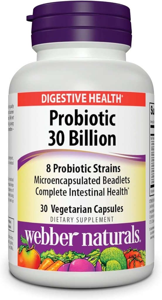Webber Naturals Probiotics, 높은 효능, 남성, 여성 및 성인, 선반 안정 (냉각 필요 없음), 8 Probiotic Strains, 소화 건강을 위해 30 채식 캡슐,