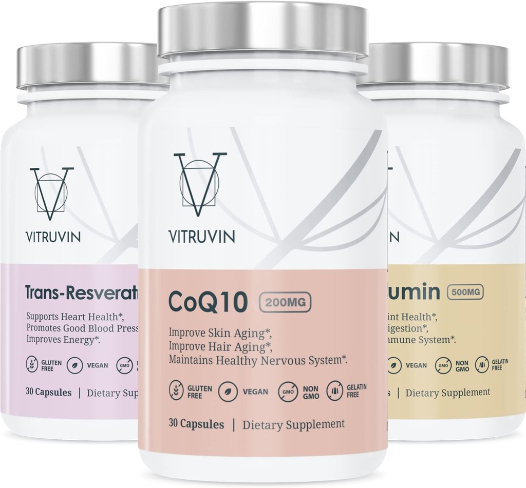 Vitruvin 아름다움 + 컴포트 팩 COQ10 200mg + Trans- Resveratrol 500mg + Curcumin 500mg, 비 GMO, 글루텐 자유로운, 젤라틴 자유로운. 건강한 피부, Hear, 합동 및 뇌
