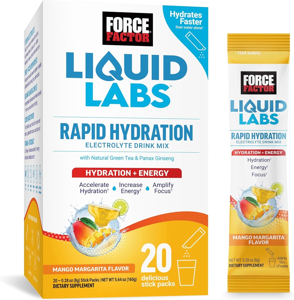 Force Factor Liquid Labs Electrolytes Powder Packets-Mango Margarita-Energy Hydration Packets 5 Essential Electrolytes, 비타민, 미네랄 및 산화 방지제, 20 스틱 팩