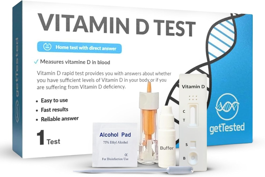 getTested Vitamin D Test Kit at Home - 비타민 D 부족에 대한 자기 테스트 - 빠르고 정확한 결과 - 사용하기 쉬운 - 실험실 필요 없음 - Lancet 버퍼 카세트 포함 - Finger Prick Blood Test