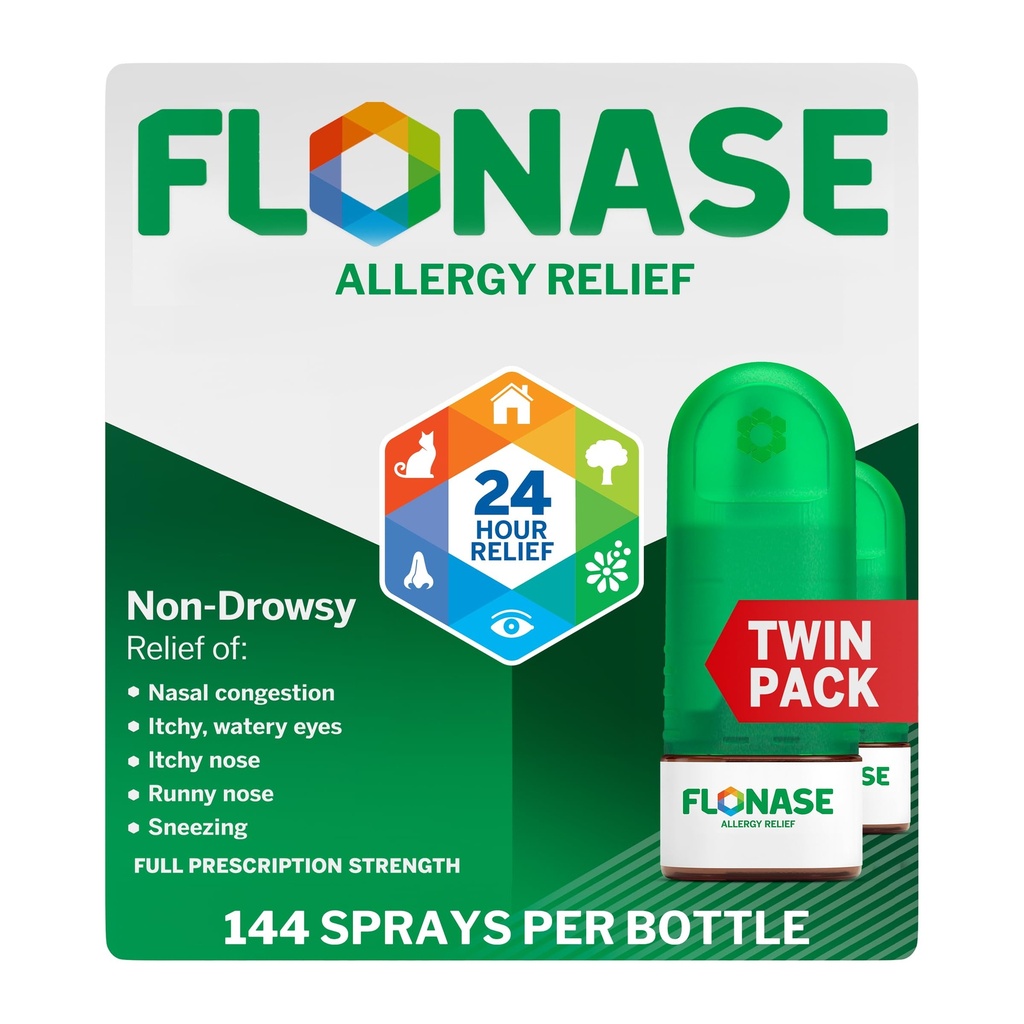 Flonase 알레르기 완화 Nasal 스프레이, 24 시간 비 Drowsy 알레르기 의학, 미터 Nasal 스프레이 - 144 스프레이 (팩 2) - 가을과 계절 알레르기 완화