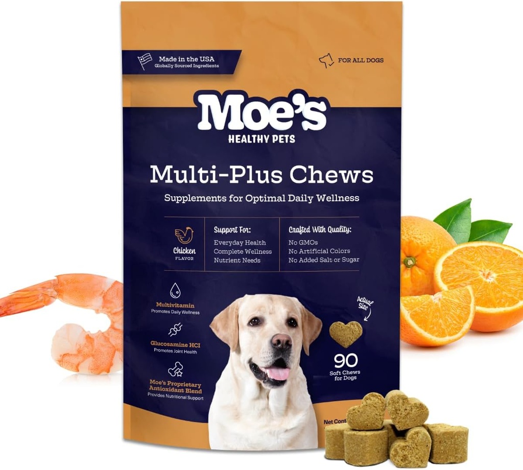 Moe의 5-in-1 Essential Dog Multivitamin 90 닭은 개의 면역 지원, 심장, 피부, 코트, & 전체 건강 비타민 A, B12, C, D, E, 산화 방지제, 모든 연령 및 품종에 대한 오메가 3을 향했습니다.