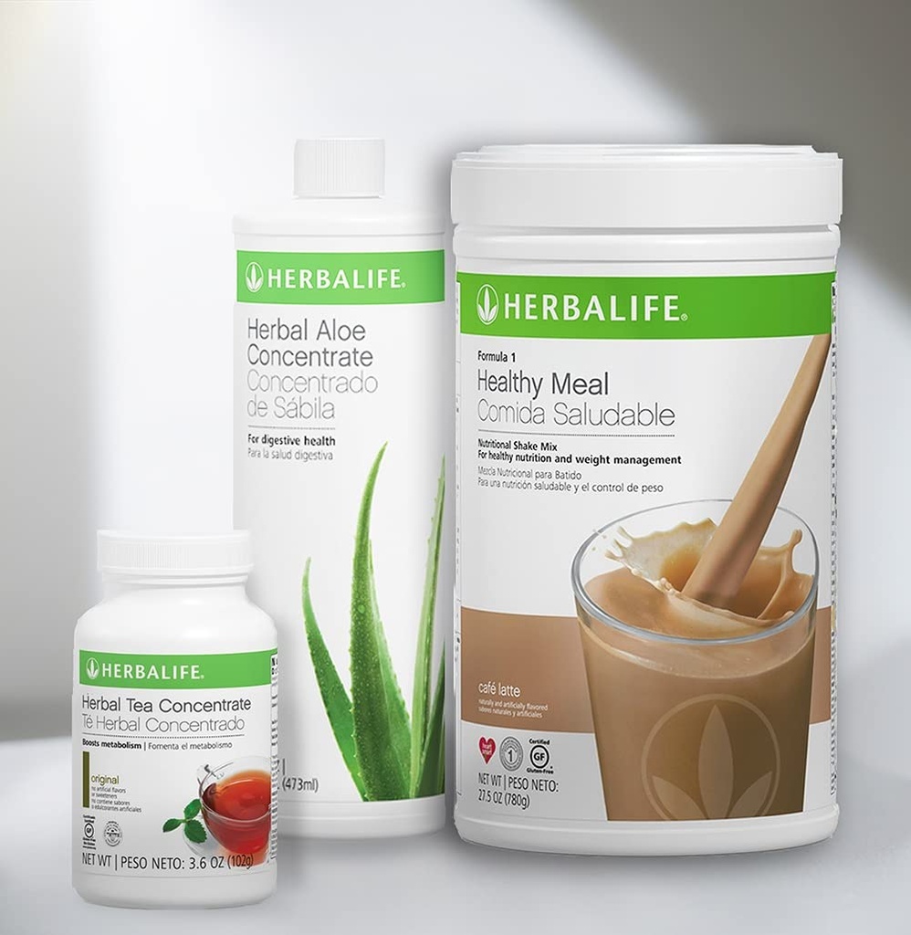 Trio Combo HERBALIFE 공식 1 건강한 영양 셰이크 혼합 (카페 라테 780g)-Herbal Aloe 농축 핀 (오리지널 473ml) - 초본 차 농축 (오리지널 102g)