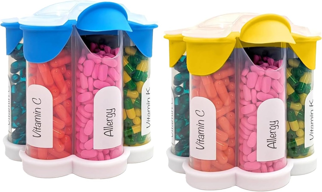Extra Large Pill 주최자 매일, 주간, 월간 보충 병, 7 XL Compartments (2 팩 콤보)가있는 귀여운 Blossom Pill 분배기 (Light Blue 및 Yellow)