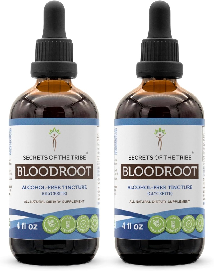 Tribe Bloodroot 알코올 - 무료 Tincture 추출물의 비밀, 책임감있게 농장 혈액 뿌리 (Sanguinaria Canadensis) 건조 뿌리 (2x4 fl oz)