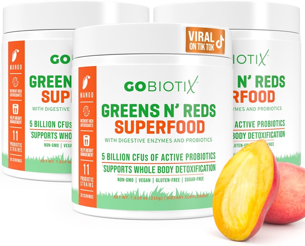 GOBIOTIX Super Greens and Reds Powder - Red and Green Superfood - Probiotic Supplement - 소화 효소 및 베트 루트 분말 - 유기 전체 식품 다이어트 보충교재 (만고, 3 팩)