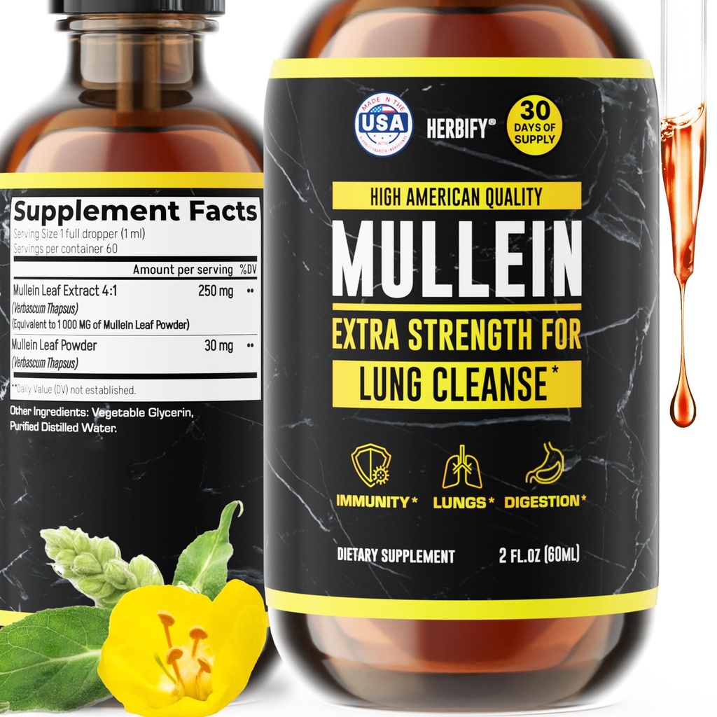 HERBIFY Mullein 추출물 호흡 건강, Mullein 잎 및 꽃 혼합 (Verbascum Densiflorum)을 위한 2개 oz Tincture