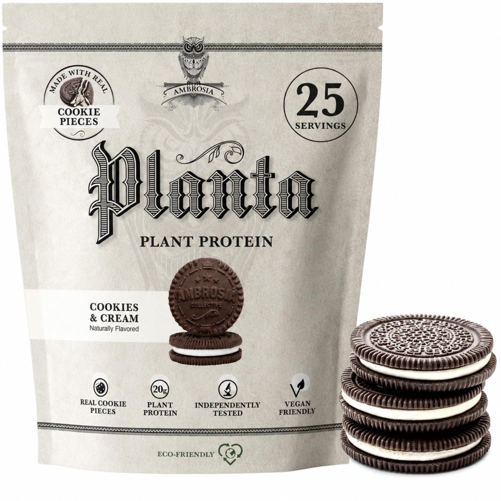 Ambrosia Planta - 프리미엄 플랜트 기반 단백질 | Vegan & Keto Friendly | 맛과 향이 없는 맛과 향이 없는 맛 | 글루텐 & 소이 무료 | 추가 설탕 | 25 인분 | 쿠키 크림