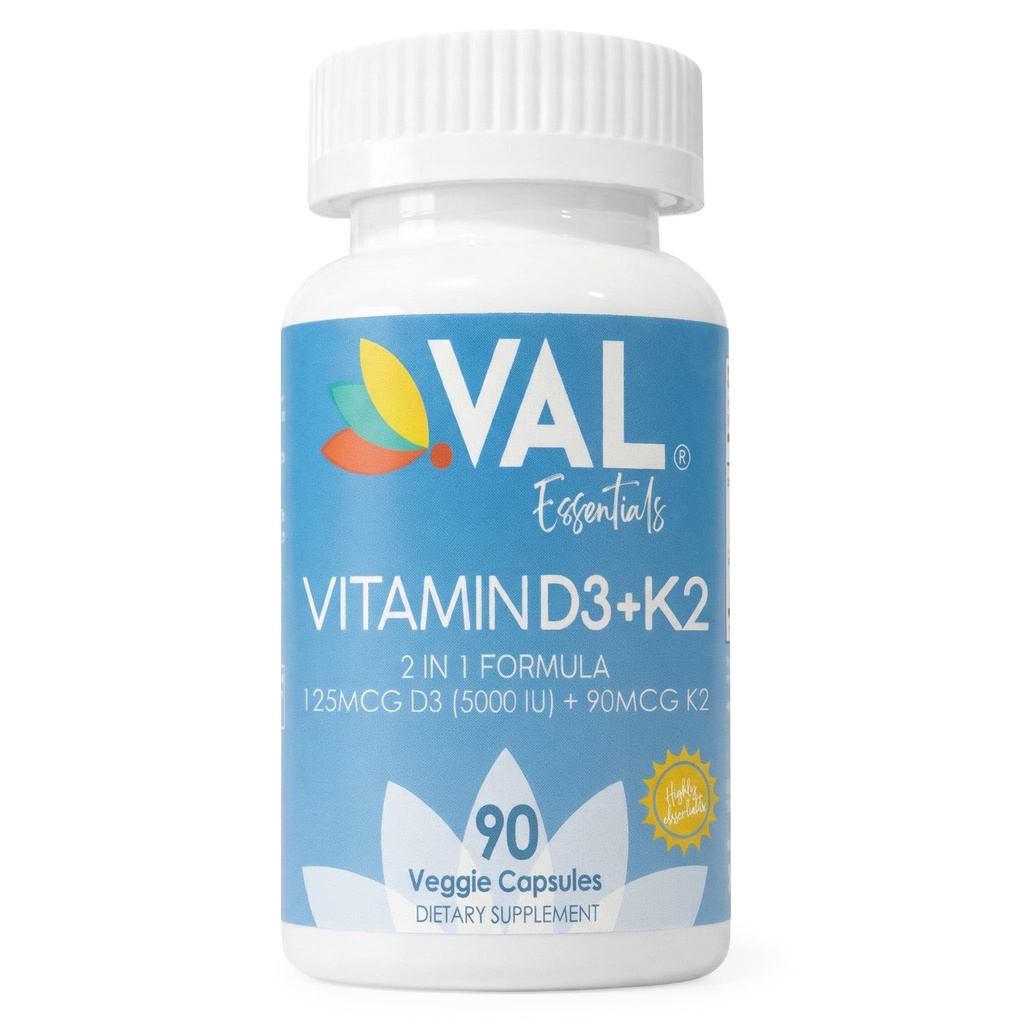 VAL 비타민 D3 + K2 (MK-7) 5000 IU & 90 mcg – 뼈 & 심장 건강 지원 – 높은 효능, 비 GMO, 삼키기가게 쉬운 – 90 Vegan 캡슐 – 미국에서 만든 D3 K2 보충