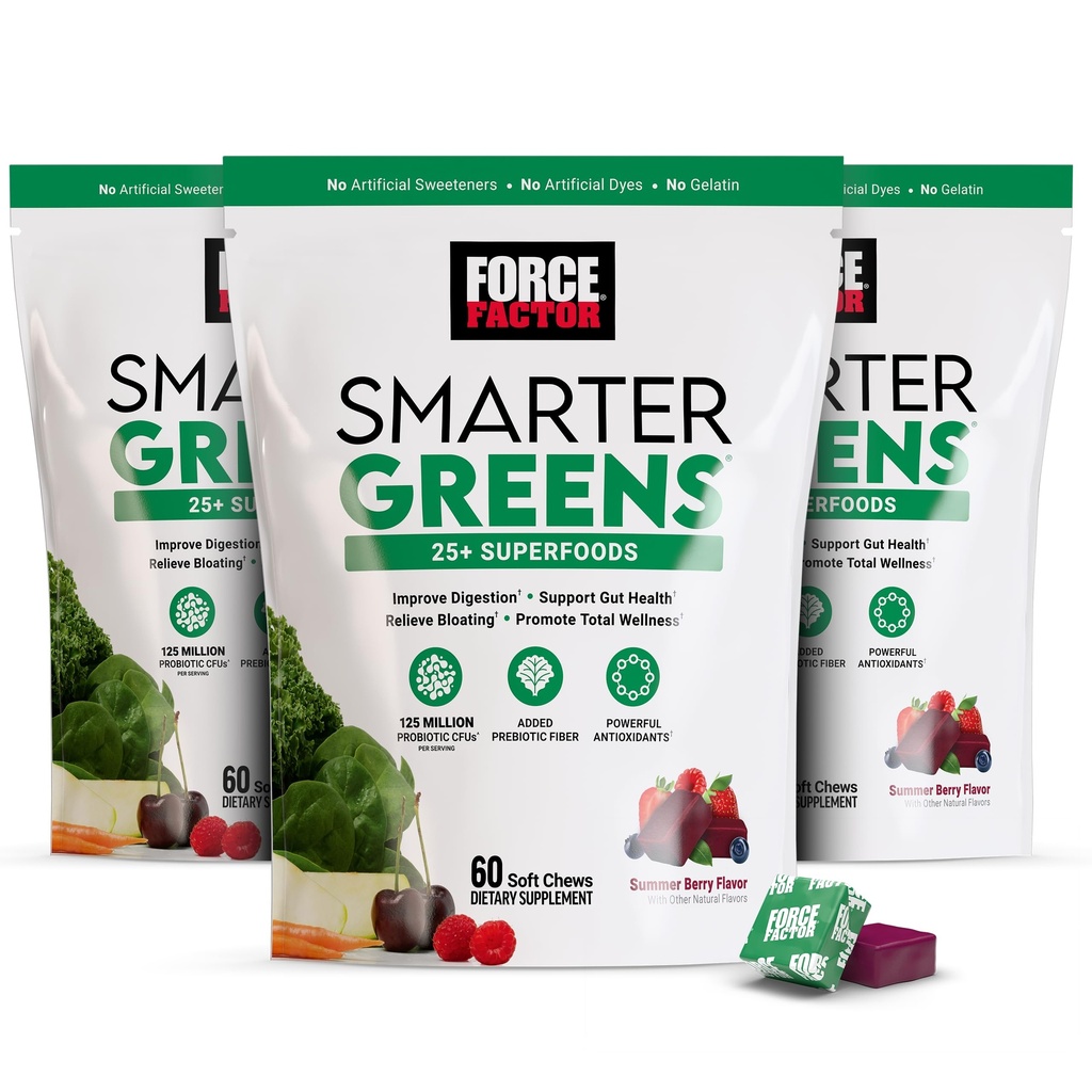 FORCE FACTOR Smarter Greens Superfood Chews, 3-Pack, Greens and Superfood with Probiotics, 산화 방지제 및 섬유, 소화, 질소 산화물 및 에너지, 180 Chews를 지원하는 Greens 보충교재