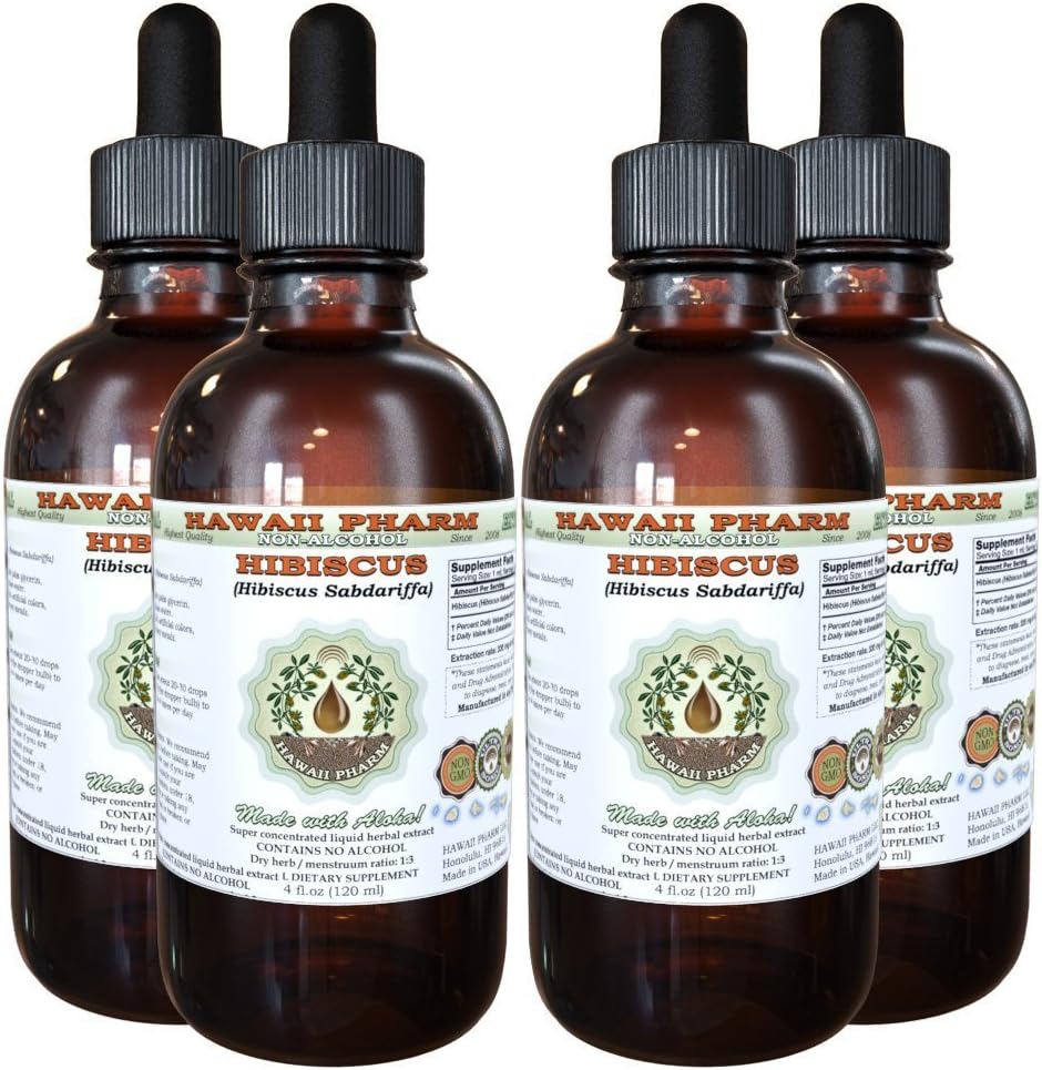 Hibiscus 알콜 자유로운 액체 추출물, 유기 Hibiscus (Hibiscus Sabdariffa)는 꽃 Glycerite 하와이 Pharm 자연적인 초본 보충교재 4x4 oz를 말렸습니다