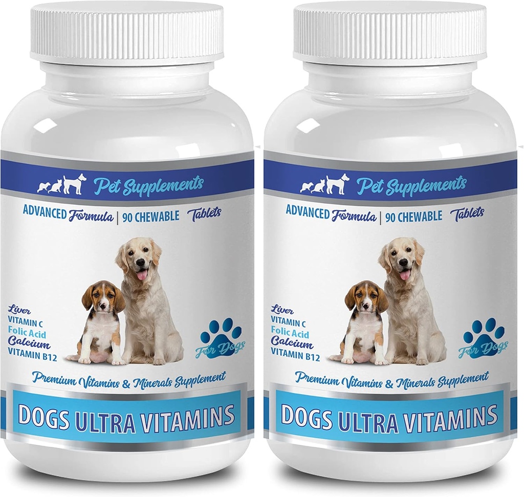 강아지를위한 뼈 지원 - Dogs Ultra Vitamins - CHEWABLE - 고급 공식 - 프리미엄 미네랄 - 개 칼슘 뼈 - 2 병 (180 Chews)