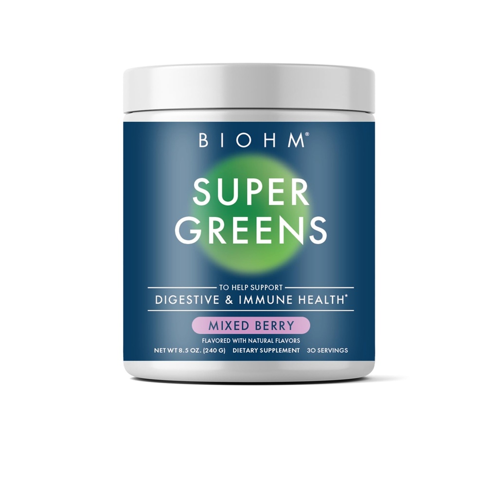 BIOHM 슈퍼 그린, 그린 슈퍼 푸드 파우더 (8.5 Oz, 30 서빙) 산화 방지제 Veggie 파우더 & 스무디 믹스, 34 Superfoods & Spirulina, 소화 효소, Prebiotics 및 Probiotics, 혼합 Berry 풍미
