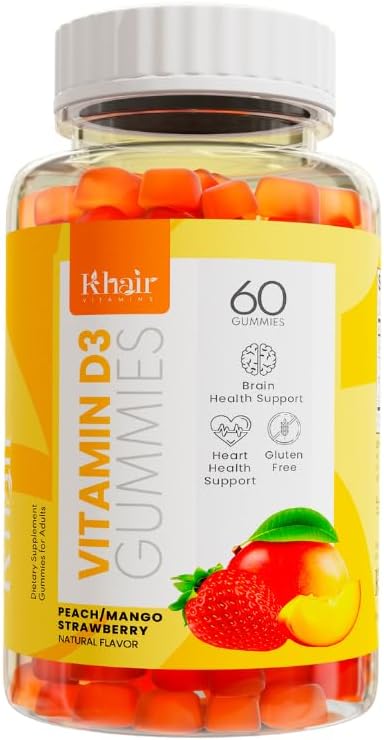 뼈 및 근육 지원을위한 Khair Halal 비타민 D3 Gummies - 비 GMO, 글루텐 & 젤라틴 무료, 채식, 할랄 인증, 천연 망고, 복숭아 및 딸기 맛 - 60 구미